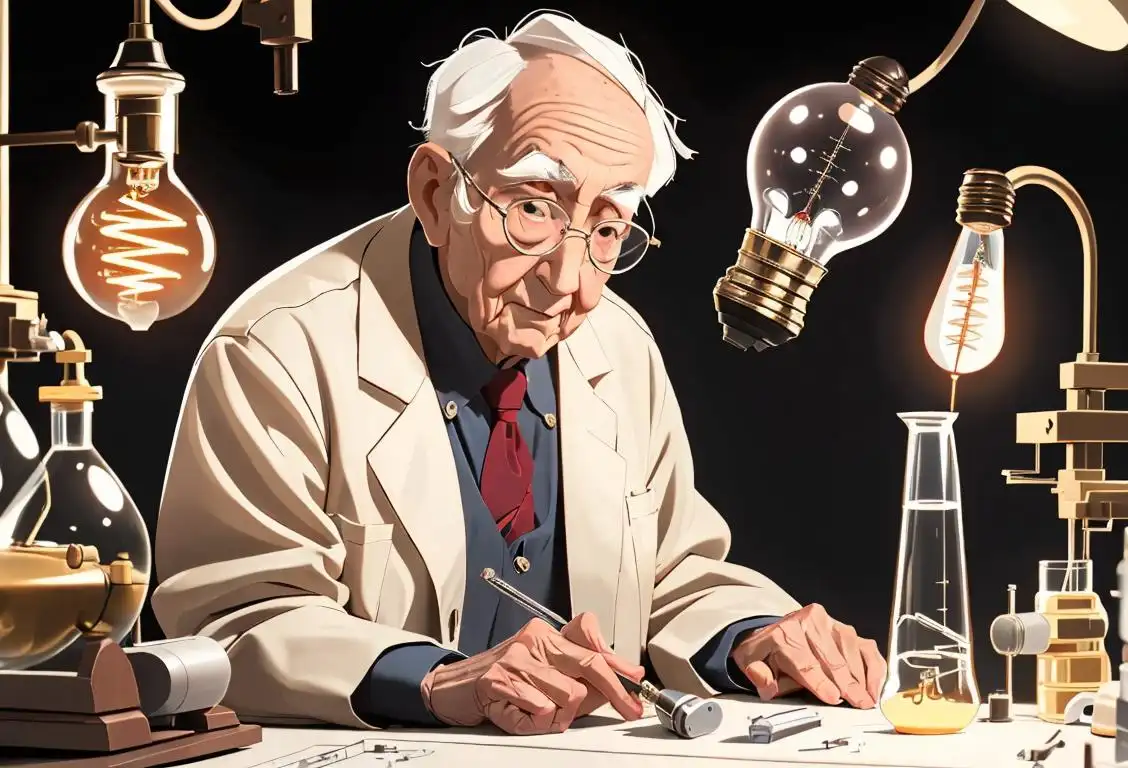 Elderly inventor holding a light bulb, wearing a lab coat, surrounded by inventions and scientific equipment..