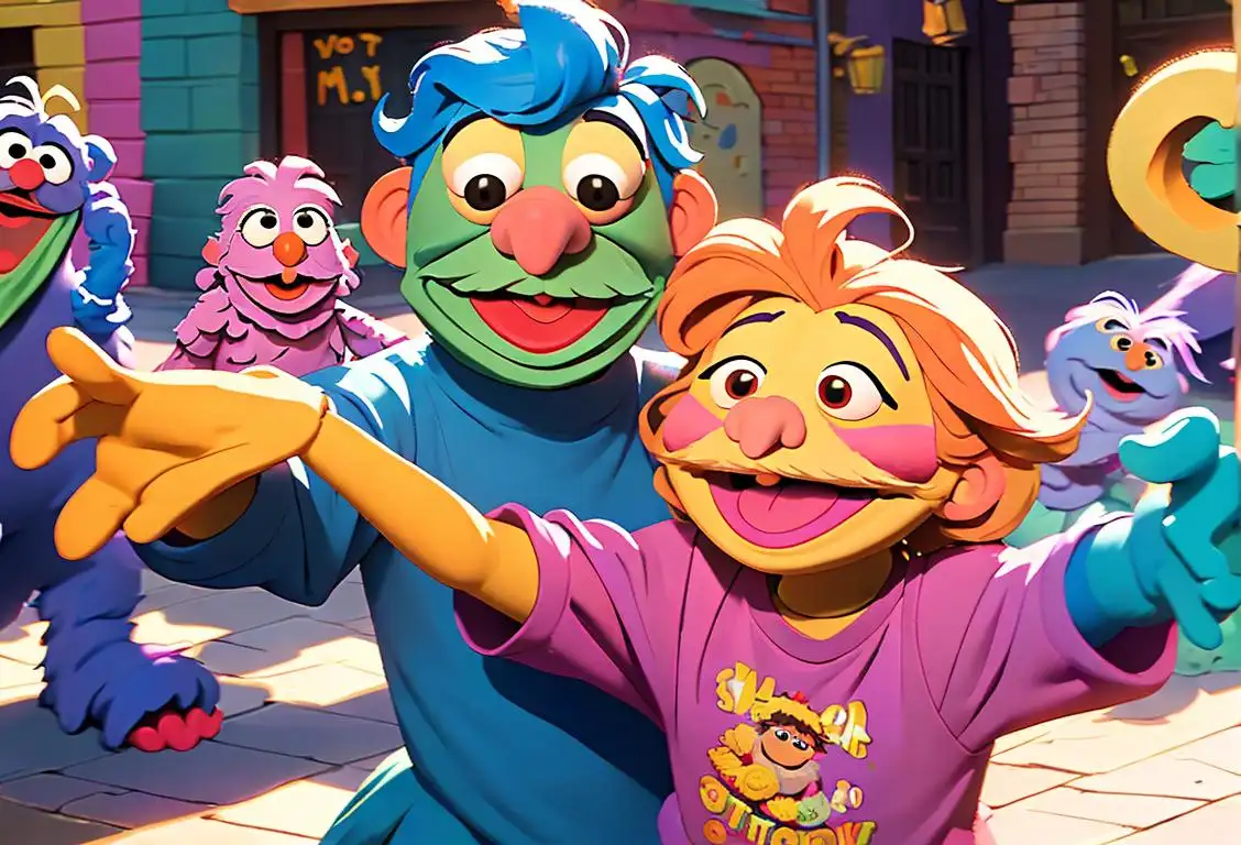 Children and Muppets happily dancing on a vibrant street, celebrating the magic of Sesame Street with colorful clothes and joyful expressions..