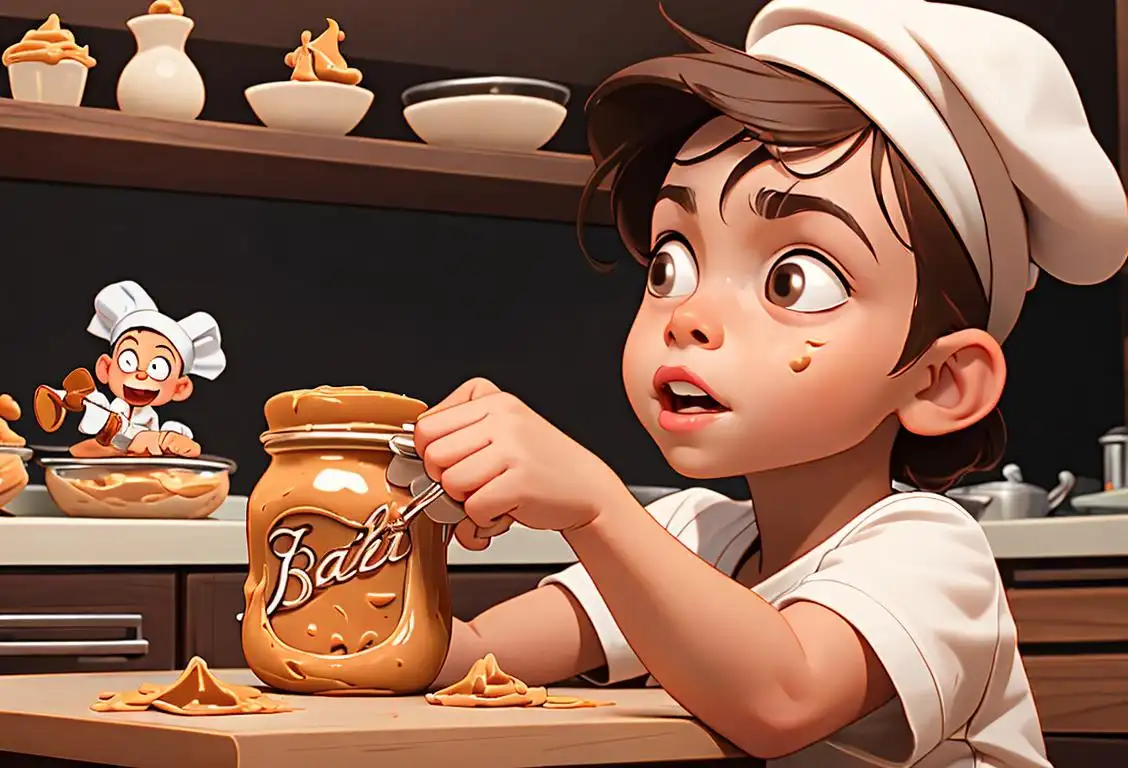 Young child happily holding a jar of peanut butter, wearing a chef hat, kitchen scene with baking supplies in the background..