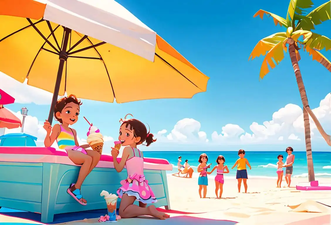 Happy children enjoying soft serve ice cream on a sunny day at the beach, wearing colorful swimsuits, beach scene with palm trees..