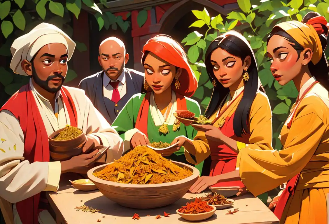 A diverse group of people wearing colorful traditional clothing, surrounded by a variety of herbs and spices, representing the global celebration of National Herb and Spice Day..