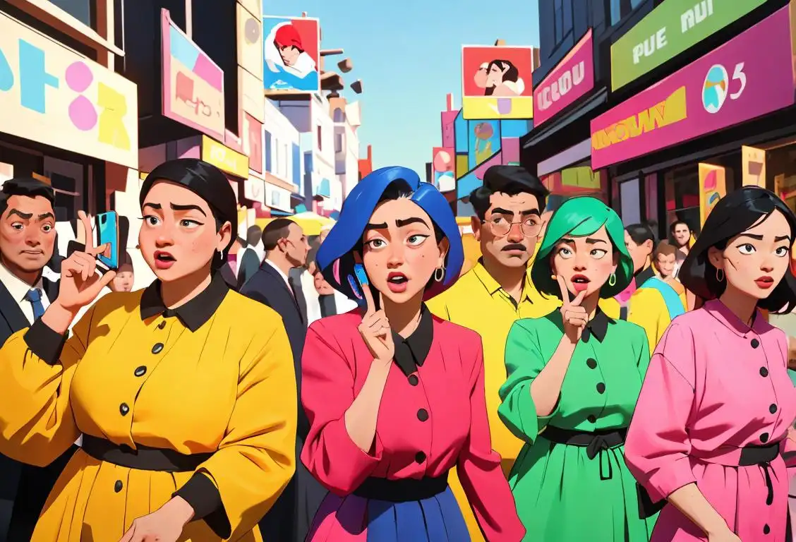 A diverse group of people making phone gestures, dressed in various colorful outfits, in a bustling city scene..