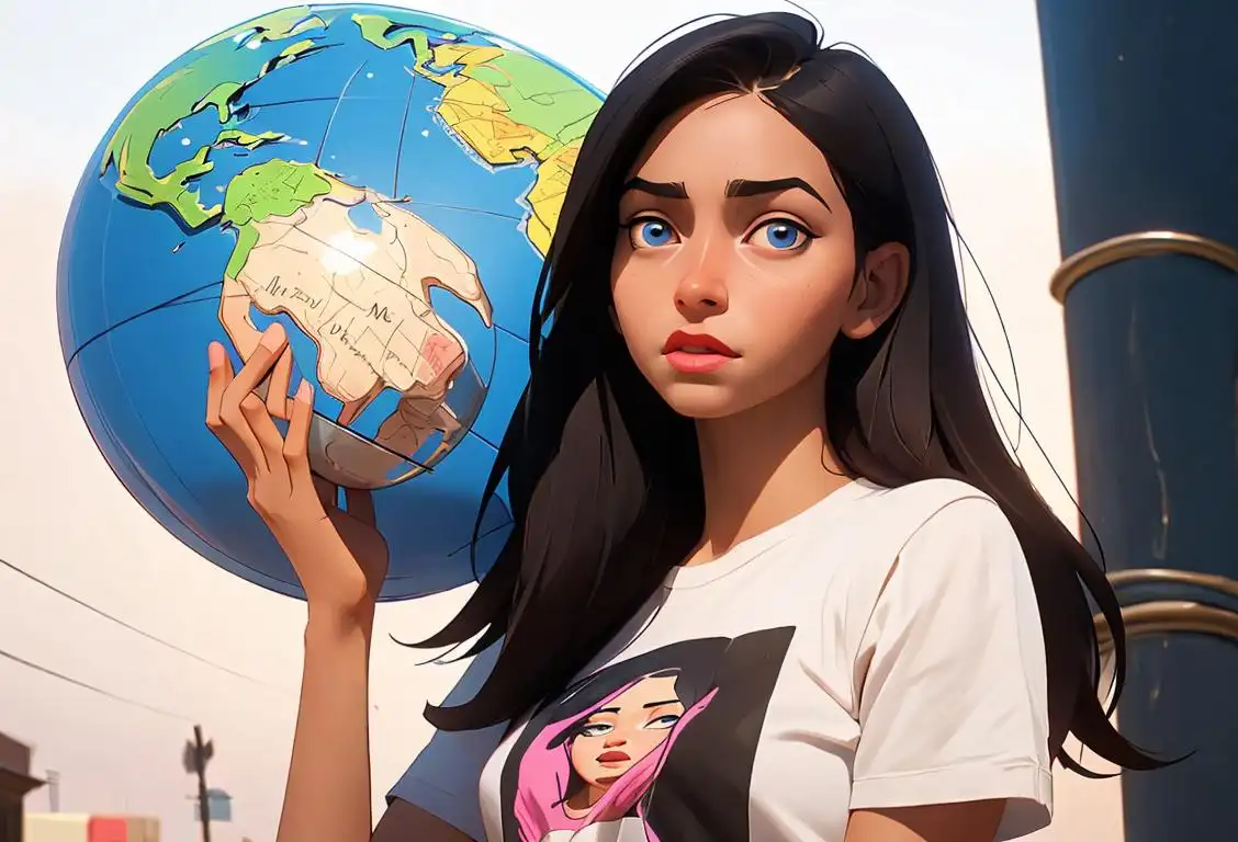 Young woman holding a globe, wearing a t-shirt with 'End Human Trafficking' message, diverse city background.