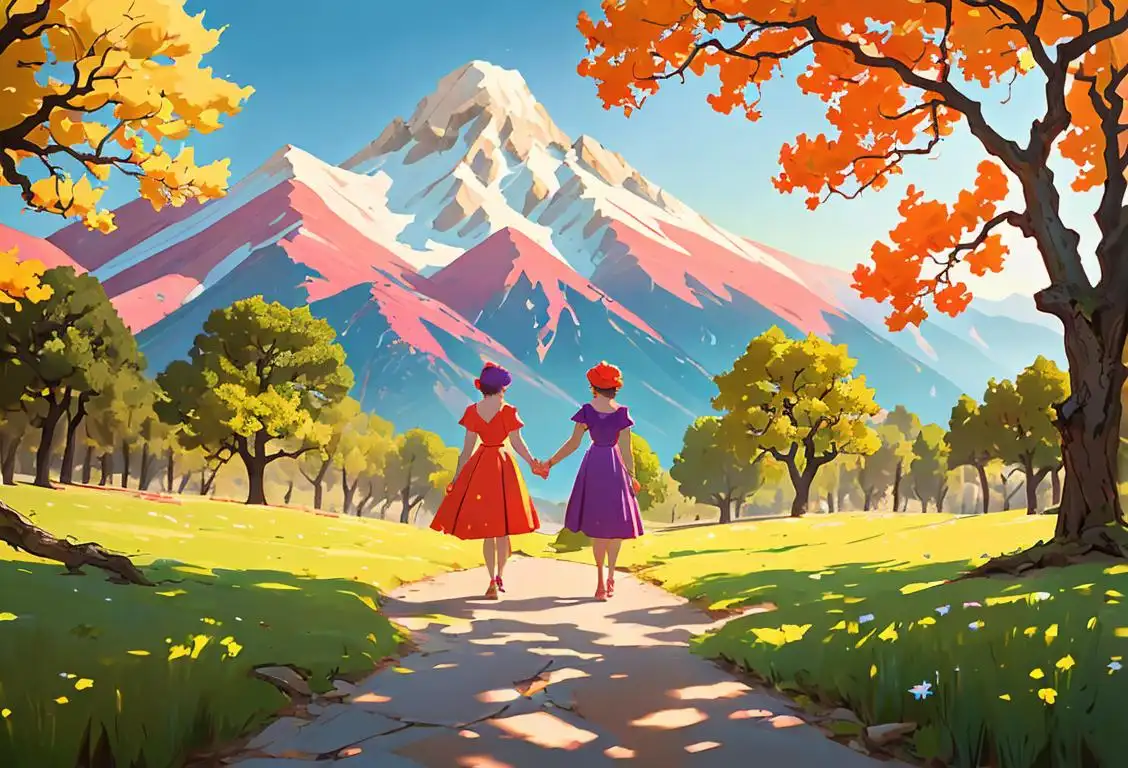 A group of people standing together, dressed in colorful attire, holding hands, surrounded by symbols of strength and resilience, like mountains and oak trees..