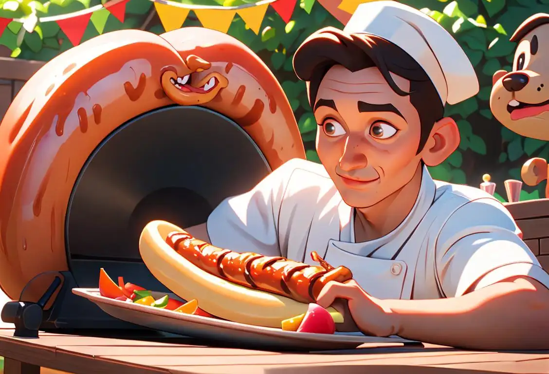 Young adult grilling a delicious weenie, wearing a chef's hat, in a lively backyard barbecue setting..