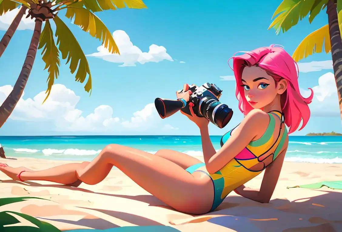 Young woman playfully posing with a camera, wearing colorful swimwear, beach setting with a tropical vibe..
