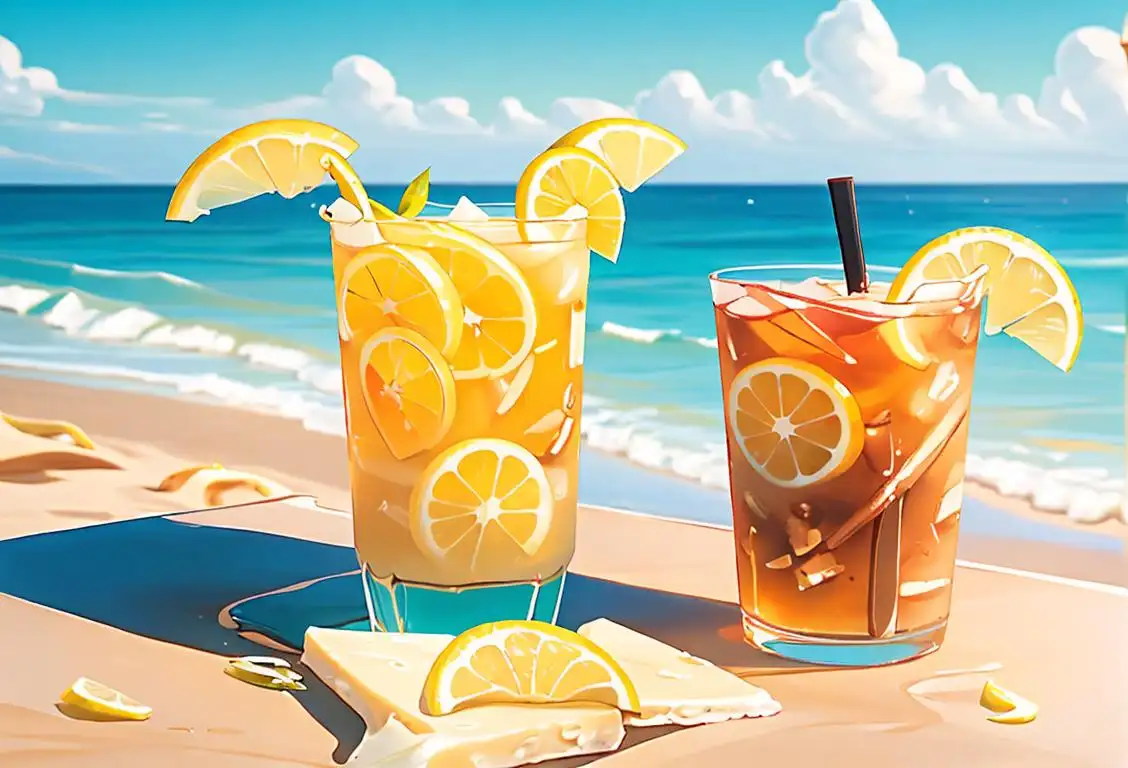 A sunny day at the beach, a refreshing glass of iced tea with lemon slices, coastal fashion with colorful summer attire, beach scene with sand and waves..