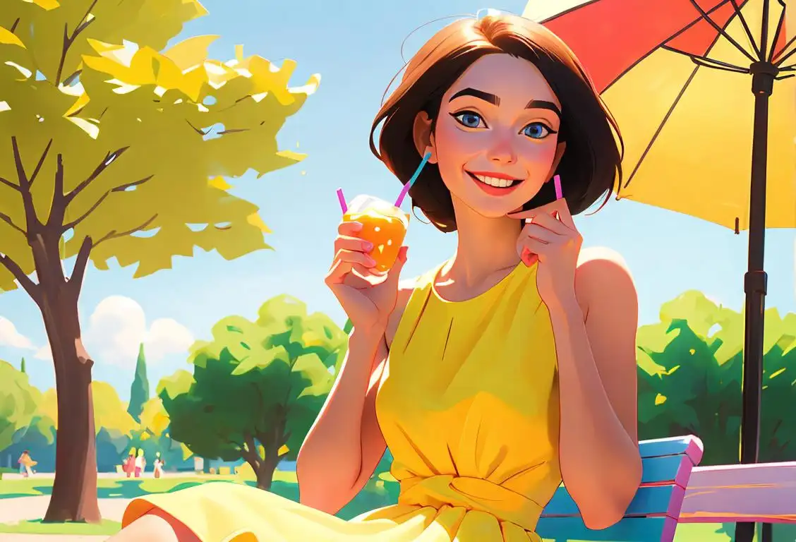 Young woman holding a straw and smiling, wearing a colorful summer dress, in a sunny park setting..