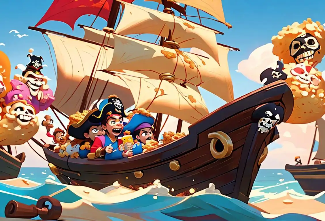 A group of kids dressed as pirates, holding bowls of Captain Crunch cereal, on a colorful pirate ship..
