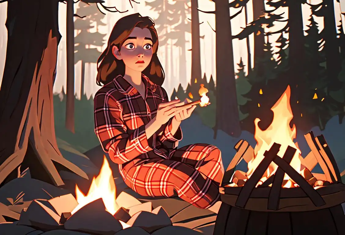 Young woman holding a roasted marshmallow over a bonfire, wearing cozy plaid pajamas, camping in a forest setting..
