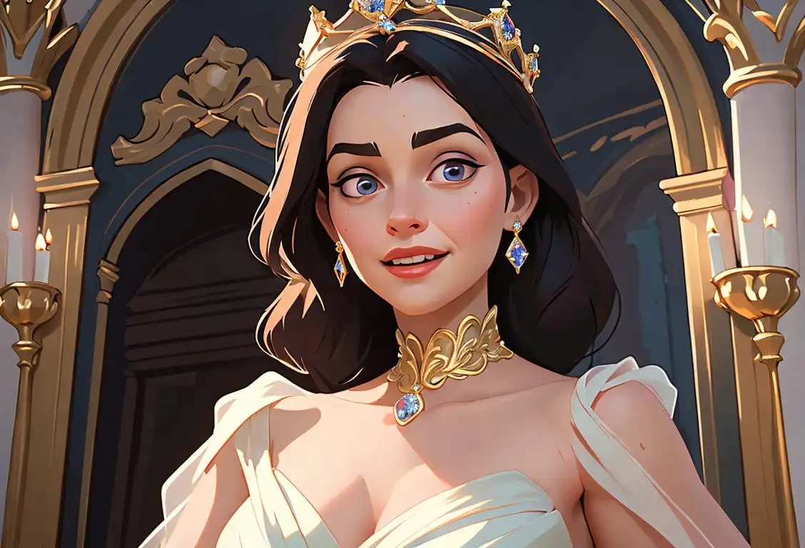 A joyful woman wearing a sparkling crown, draped in an elegant gown, in a fairytale-like castle setting..