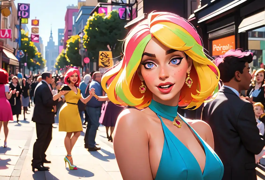 Young adult with colorful wig and high heels, surrounded by a lively crowd, celebrating in a vibrant city street..