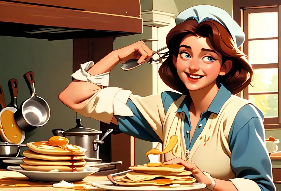 A cheerful person, wearing a chef's hat, tossing pancakes in a sunny kitchen filled with vintage cooking utensils..