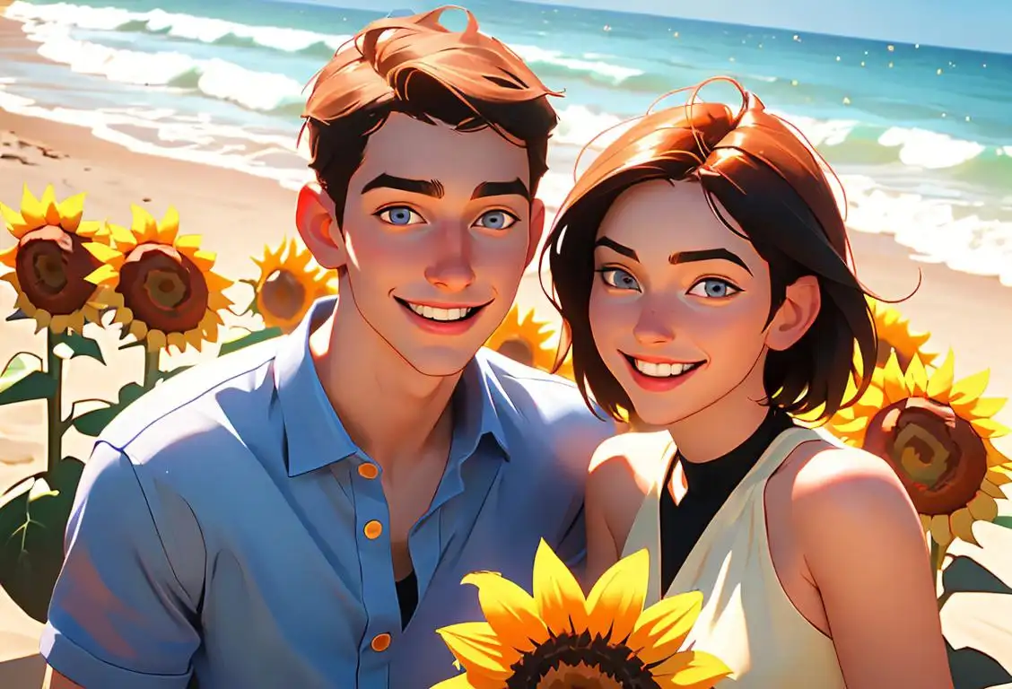 Young man and woman with big smiles, wearing matching friendship bracelets, beach scene, surrounded by vibrant sunflowers..