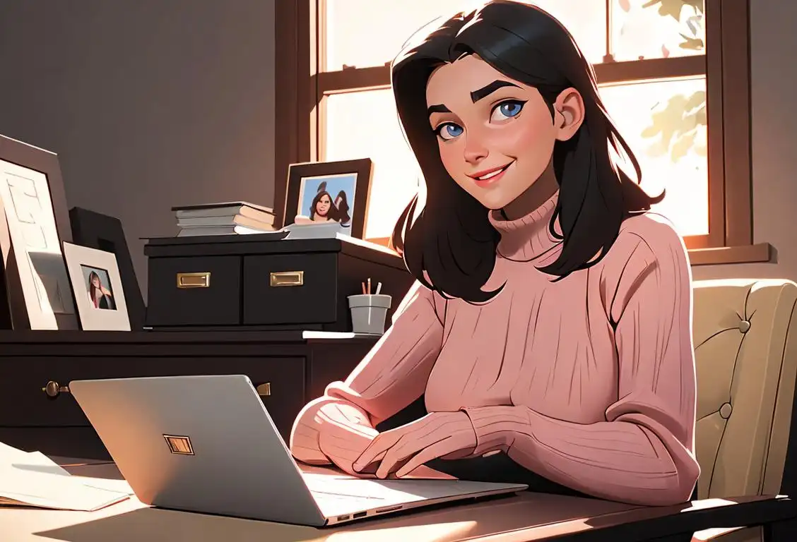 Young woman typing on a laptop with a smile, wearing a cozy sweater, cozy home office setting..