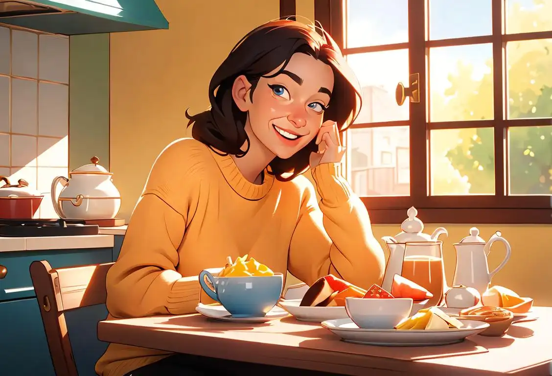 A cheerful person enjoying a delicious breakfast, wearing a cozy sweater, sitting in a sunny kitchen..