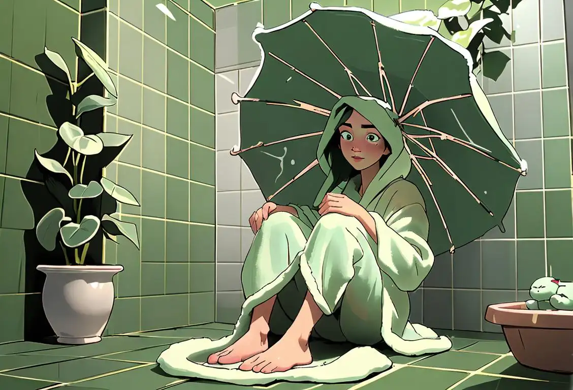 Young person showering underneath a rain showerhead, surrounded by fresh green plants, wearing a fluffy bathrobe and slippers..