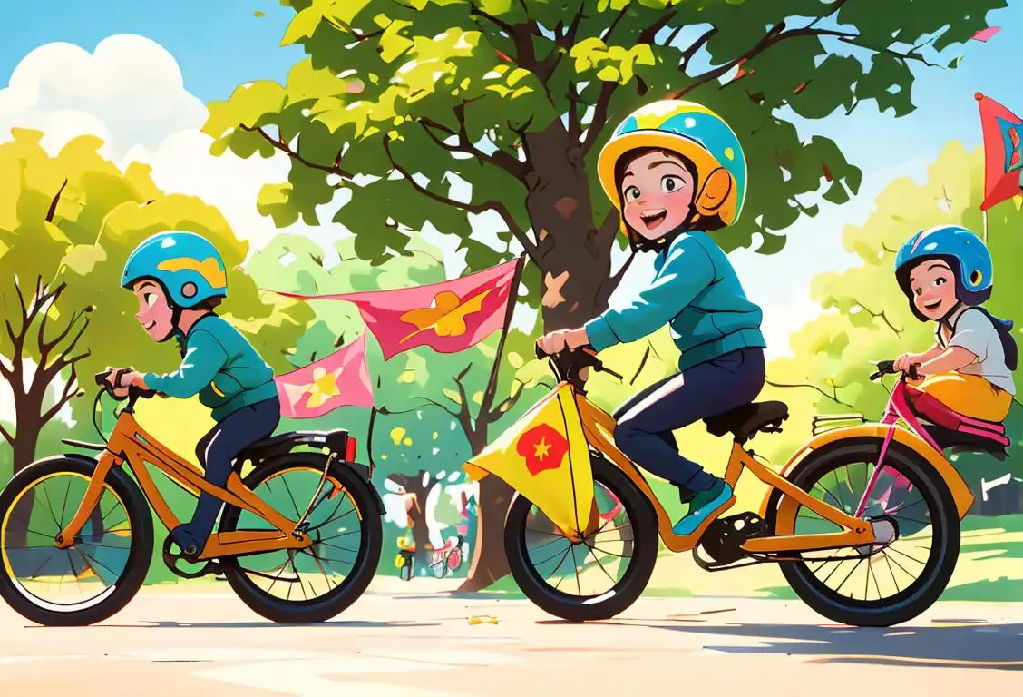 Happy children wearing colorful helmets, riding bikes through a sunny park, surrounded by nature and safety awareness banners..