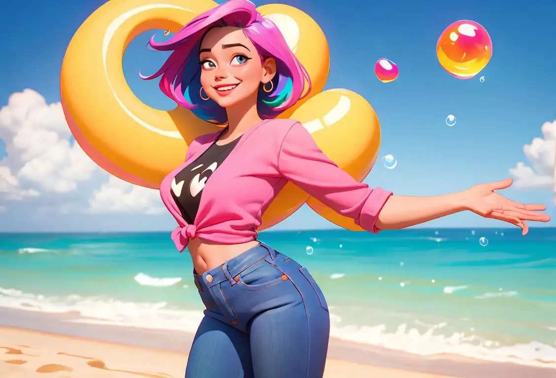 A person with a joyful smile, wearing jeans and a colorful shirt, enjoying a sunny day at the beach, embracing the beauty of a well-rounded derriere..