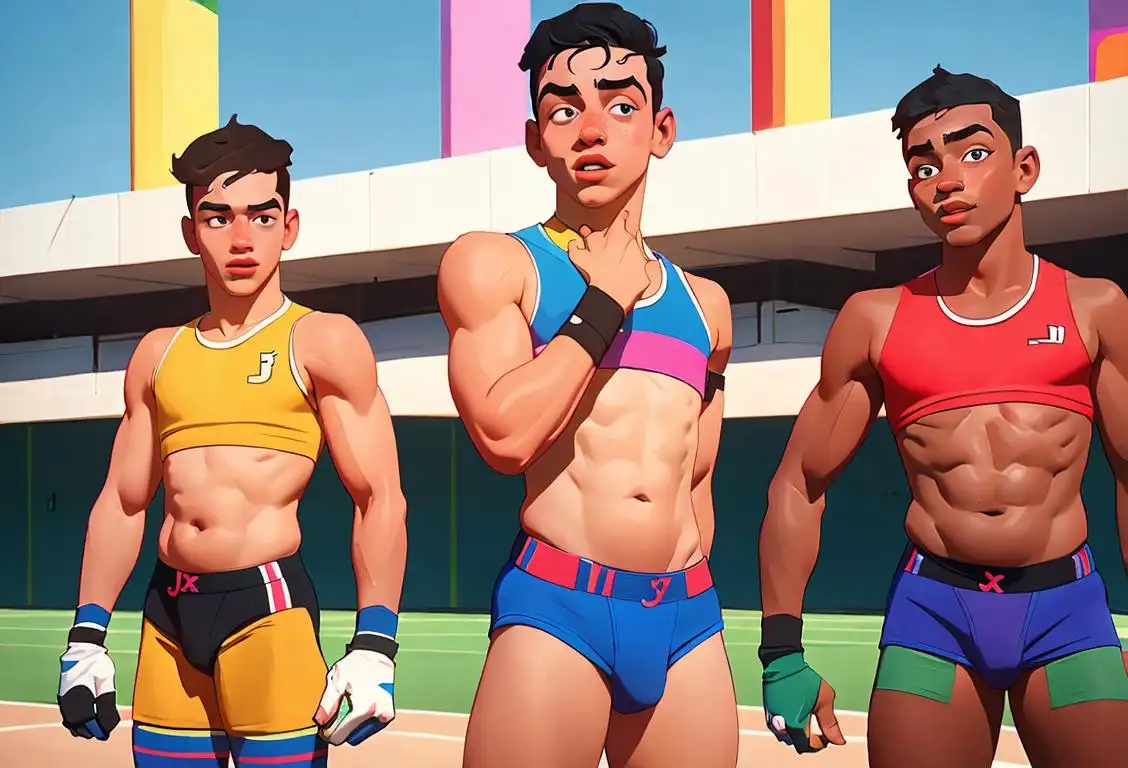 A group of diverse individuals playing various sports, wearing colorful jockstraps, in a vibrant outdoor setting.