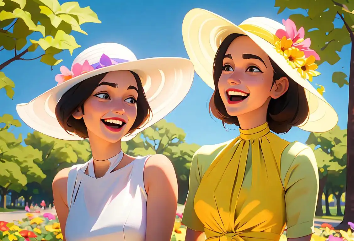 Two best friends, arms linked, laughing joyfully in a beautiful park surrounded by colorful flowers, both wearing sundresses and sunhats..