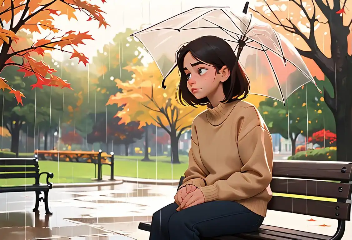 Young person sitting alone on a park bench, wearing cozy sweater, autumn leaves falling, soft rain in the background..