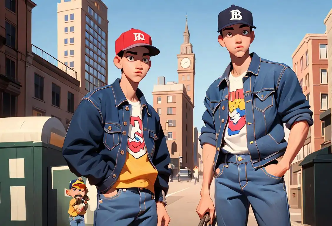 Young adults standing in a city, wearing baggy jeans and backward baseball caps, showing off their unique lingo on National Homeboys Day..