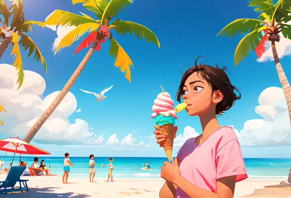 Young person enjoying ice cream in the sun, wearing a colorful summer outfit, beach setting with palm trees and seagulls flying in the background..