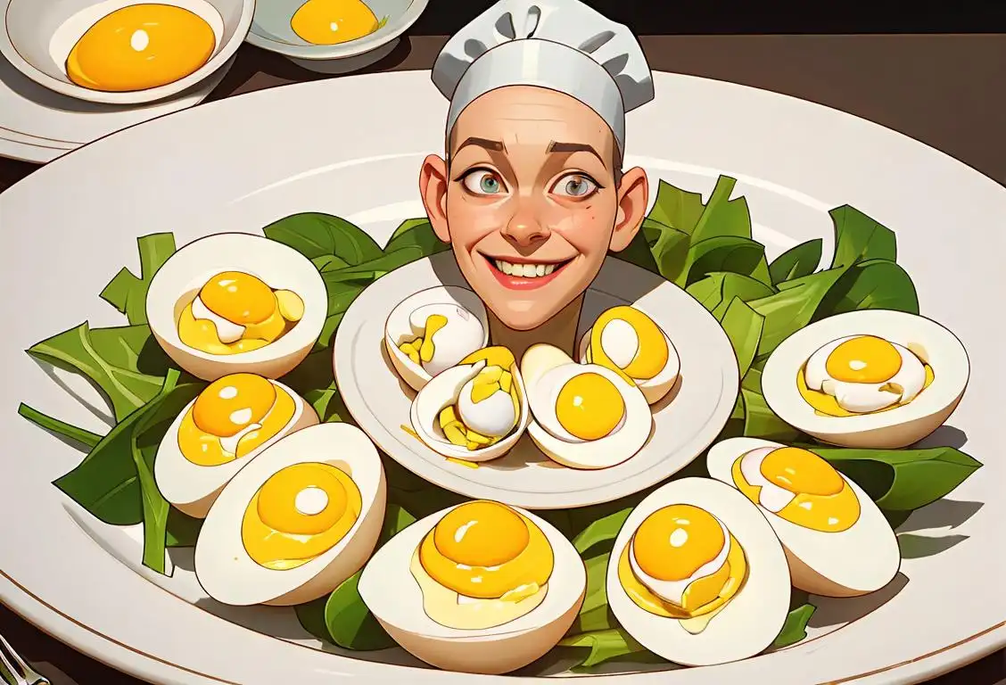 A smiling person holding a plate of egg salad, wearing a chef's hat, surrounded by fresh ingredients and a kitchen scene..
