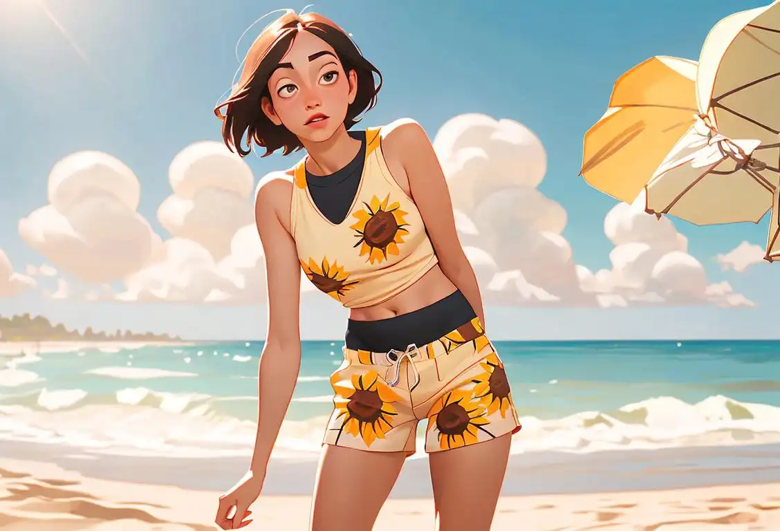 Young adult wearing shorts with a hint of color, sunflower print, beach setting, with a sense of curiosity in the air..