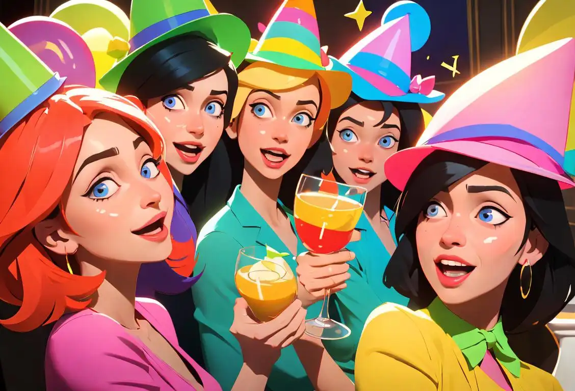 A group of cheerful people raising their glasses in celebration, wearing colorful party hats, in a lively indoor setting..