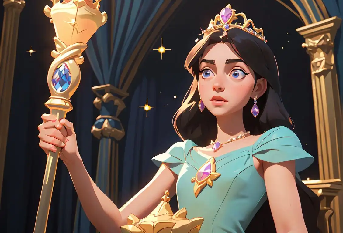 A young girl wearing a sparkling tiara, holding a royal scepter, surrounded by a magical castle backdrop, fairy tale fashion style..