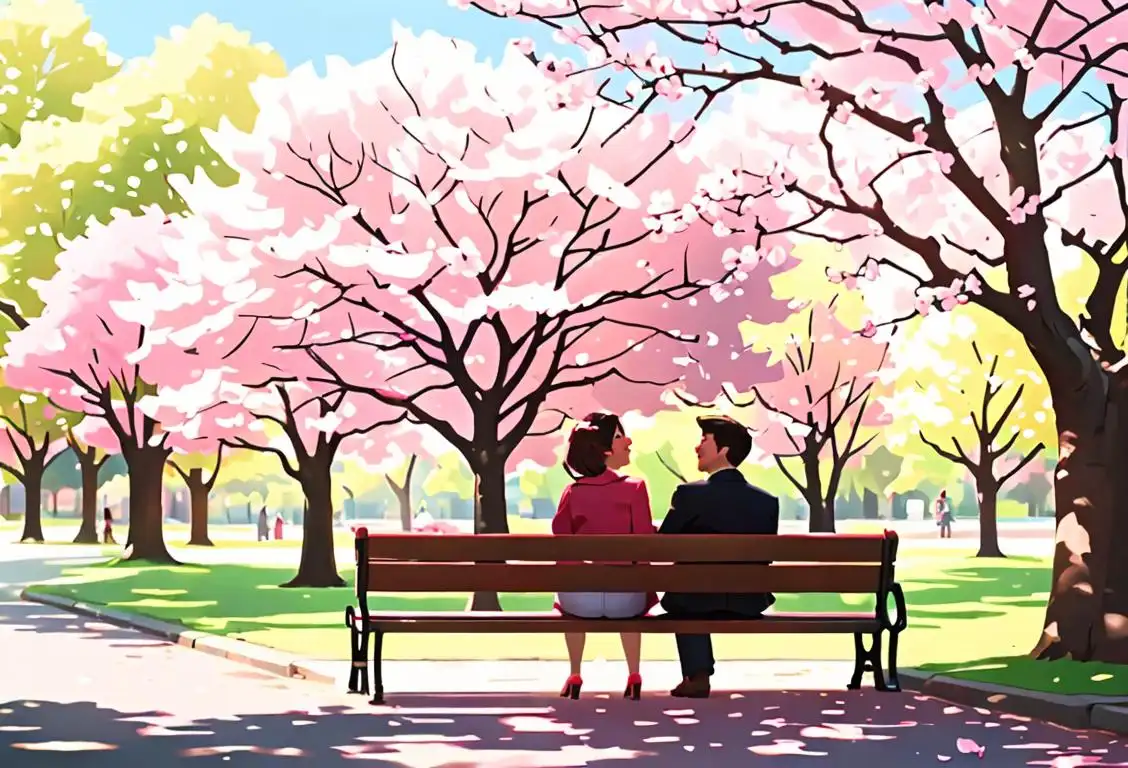 Young couple sitting on a park bench, holding hands under a blooming cherry blossom tree, dressed in casual spring attire, surrounded by love and happiness..