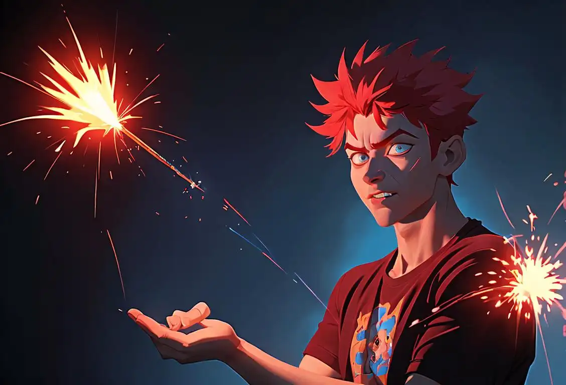 Young man with fiery red hair, wearing blue flames-themed shirt, surrounded by sparklers, celebrating National Dabi Day..