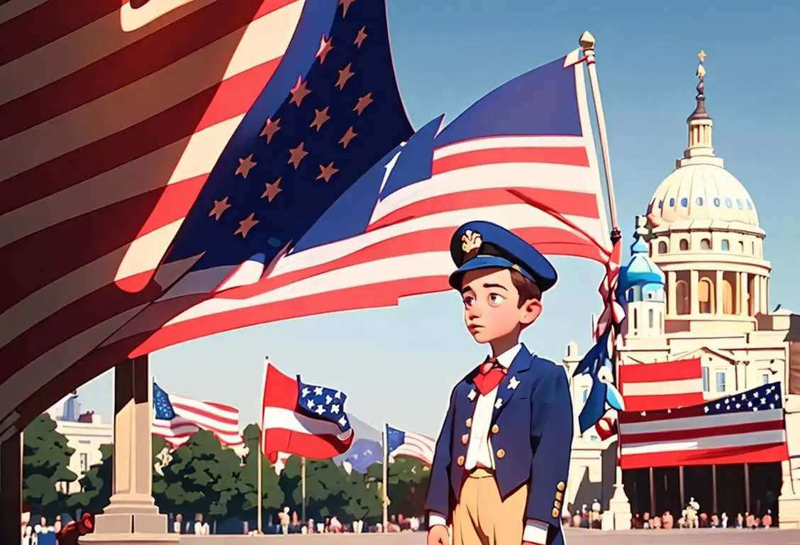 Young person in patriotic attire gazing in awe at a historical artifact, surrounded by American flags and a bustling city backdrop..