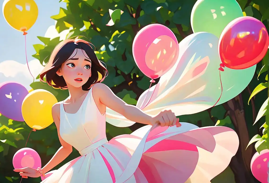 Young woman twirling in a flowy dress, surrounded by colorful balloons, summer garden party atmosphere..