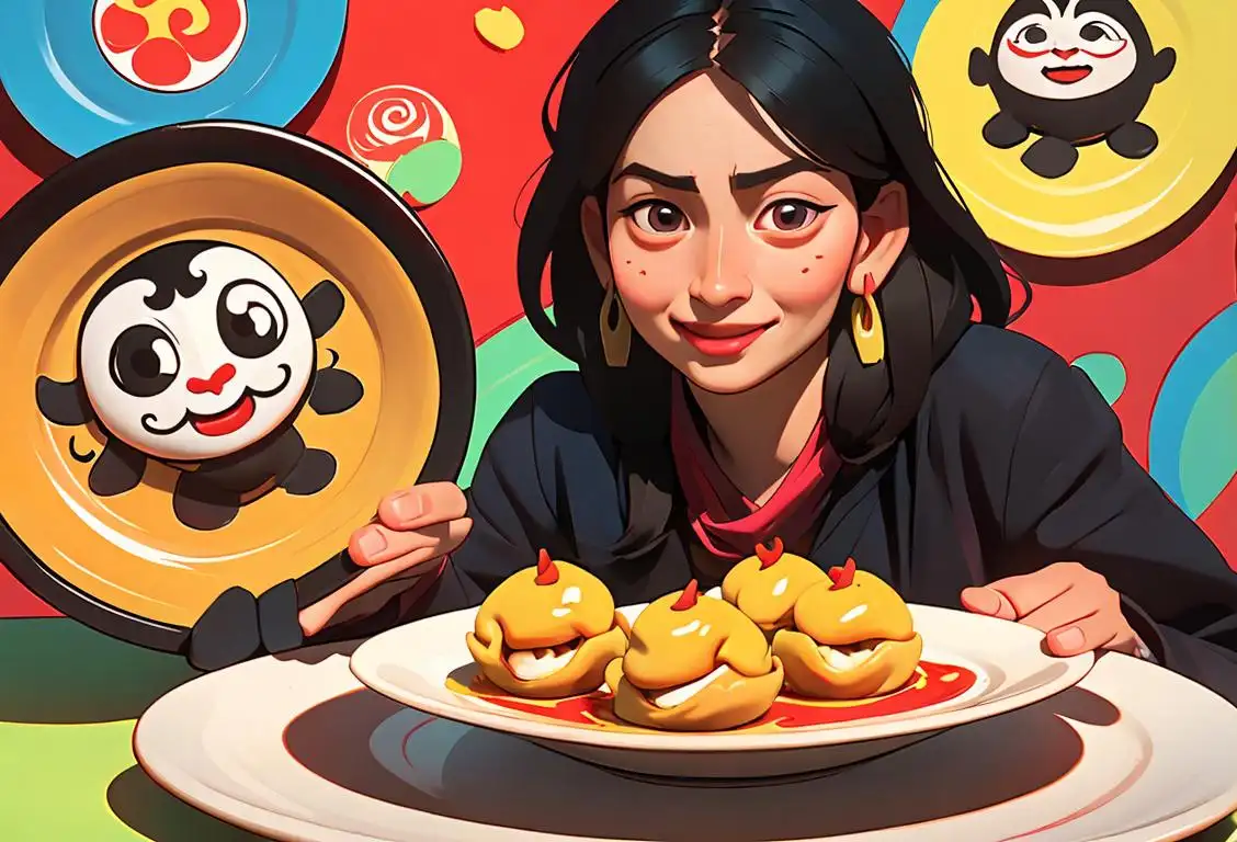 Happy individual holding a delightful plate of momos, surrounded by vibrant colors and cultural symbols from Nepal and Tibet..