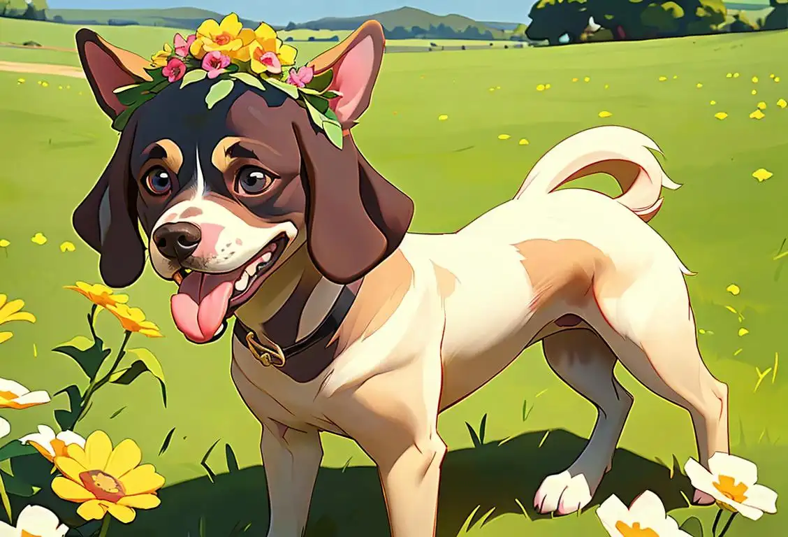 Young adult with dog ears and tongue out, wearing flower crown, countryside background.