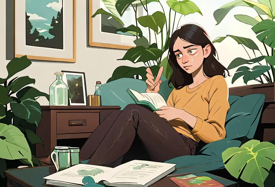Illustration of a person with a water bottle and a book, sitting peacefully in a cozy home environment, surrounded by revitalizing plants..