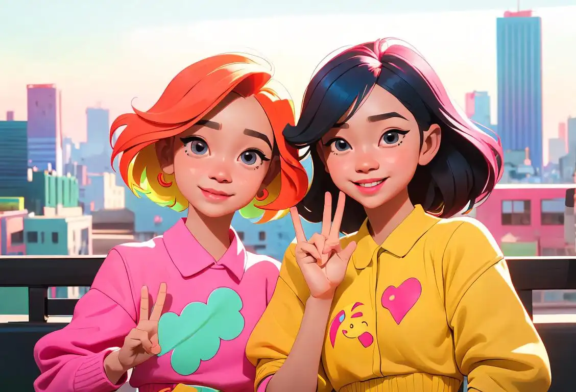 Two young girls dressed in colorful, trendy outfits, making cute hand gestures, surrounded by a vibrant, urban cityscape..
