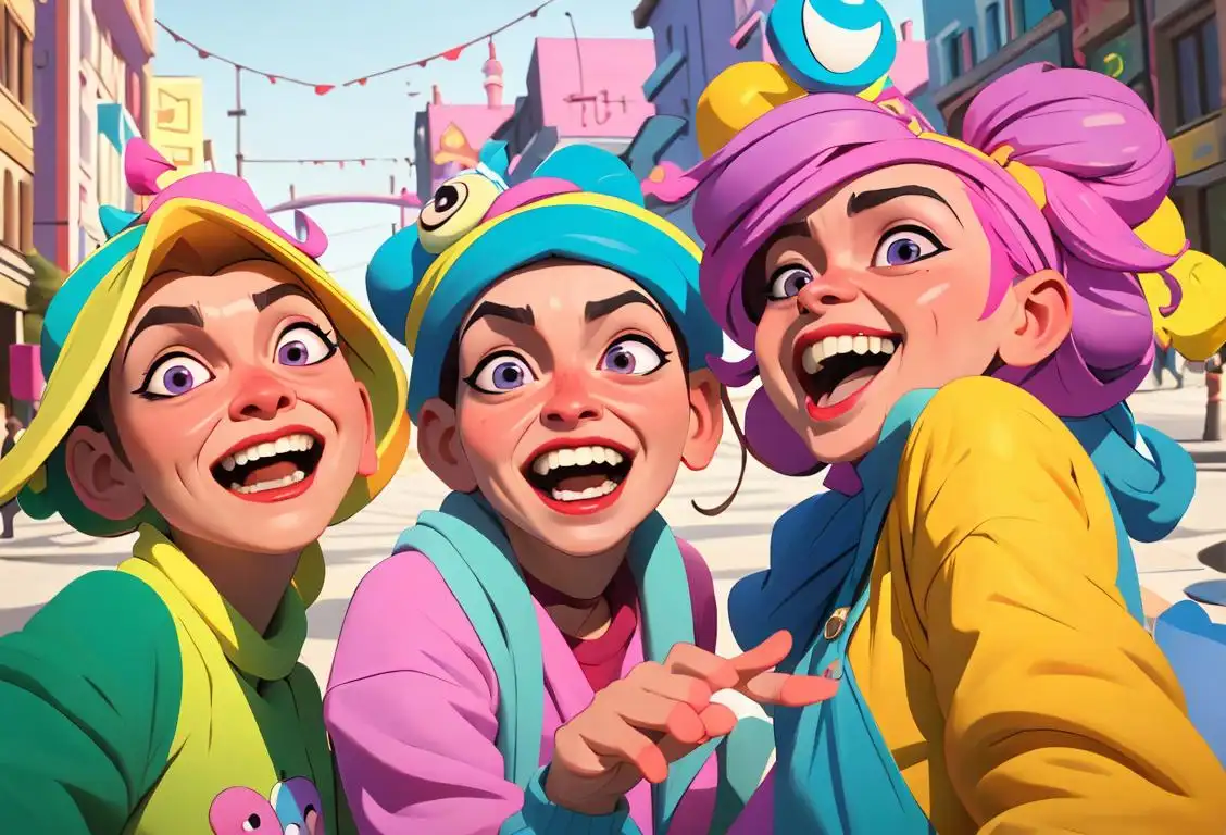 A group of individuals laughing hysterically, wearing colorful outfits, 2000s fashion trends, lively city street background..