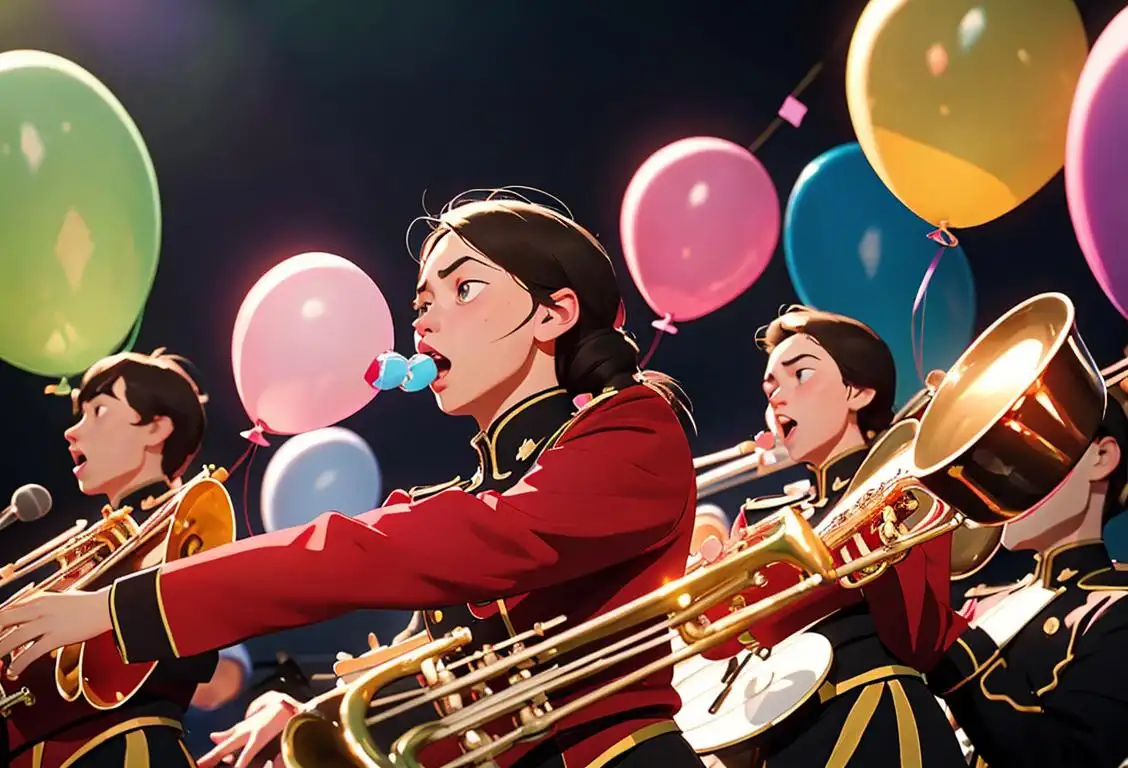 Group of musicians in band uniforms, playing various instruments, surrounded by cheering crowd, with colorful balloons in the background..