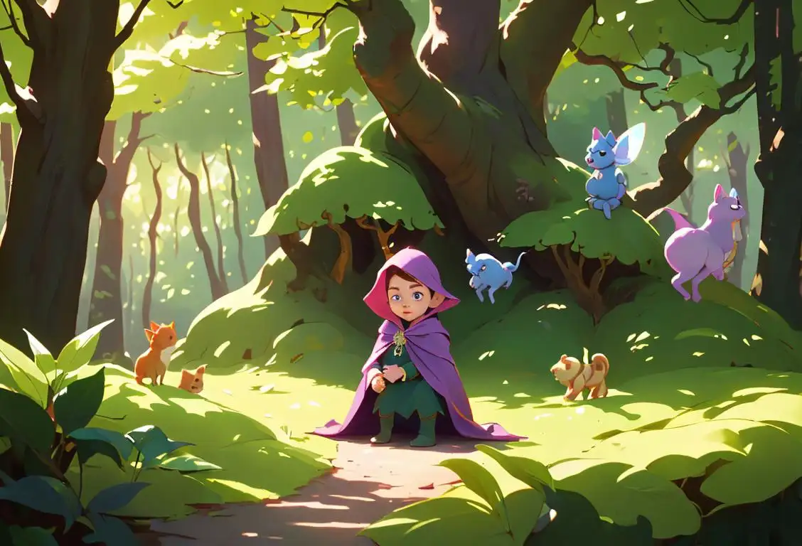A child playing in an enchanted forest, wearing a magician's cloak, with fairies and talking animals in the background..