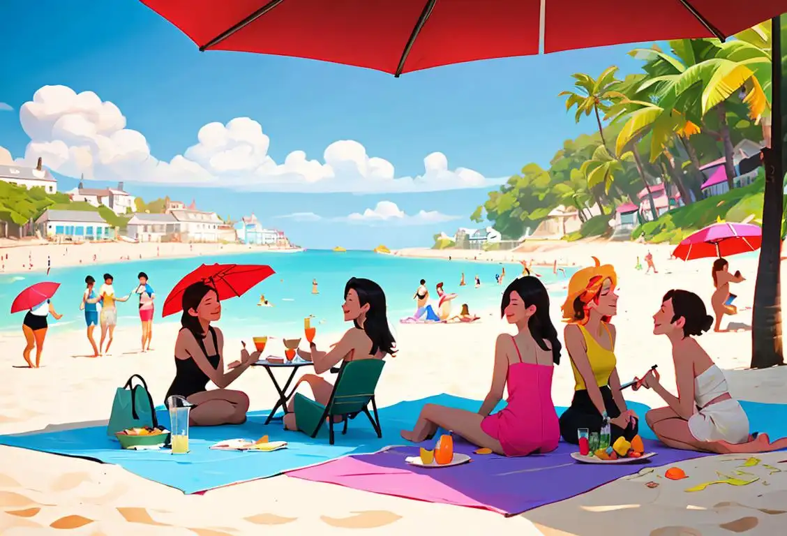A cheerful group of friends in beach attire, enjoying the sun while having a picnic in a vibrant park, with colorful umbrellas and refreshing drinks..