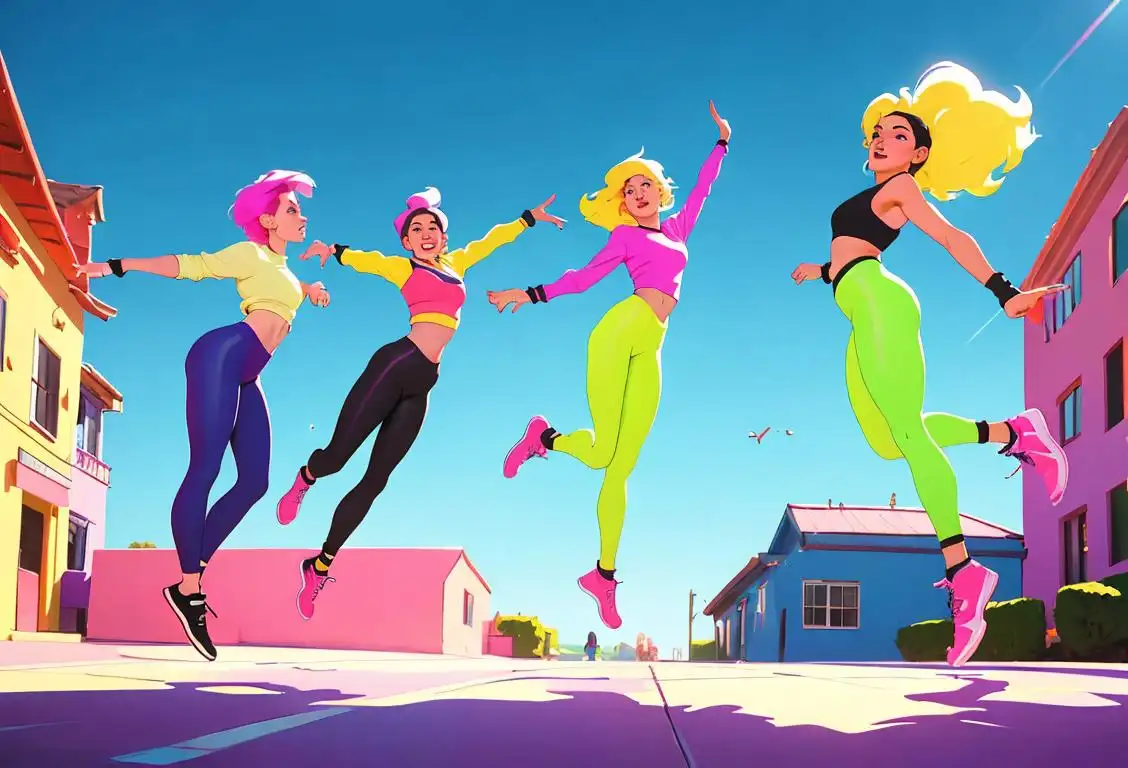 A group of friends rocking colorful leggings and jumping in mid-air, wearing 80s workout fashion, vibrant outdoor scenery..