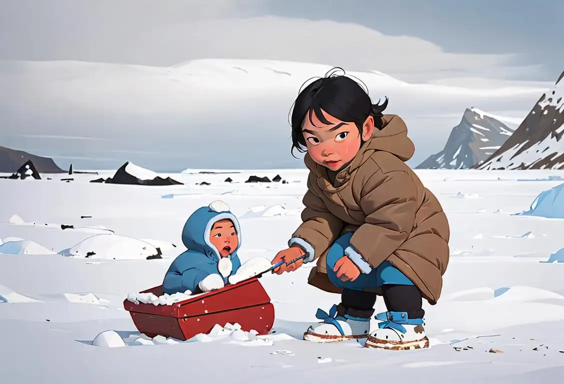 Inuit child wearing a parka, playing traditional game, snowy Arctic landscape, surrounded by cultural artifacts..