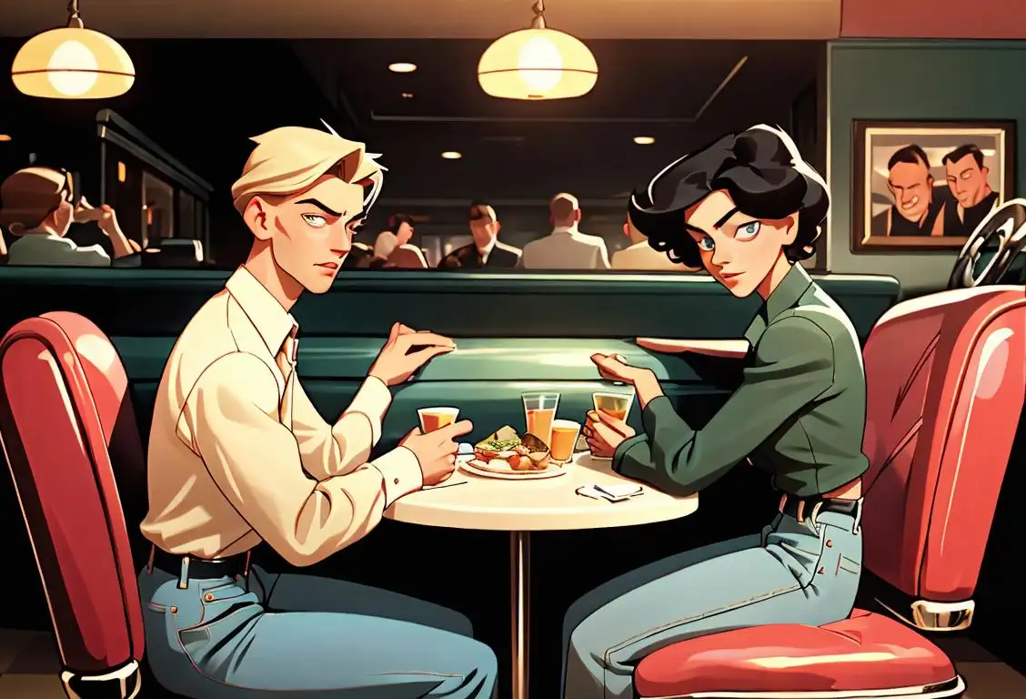Young man and woman wearing Levi pants, in a retro diner setting, with jukebox, vintage cars outside..