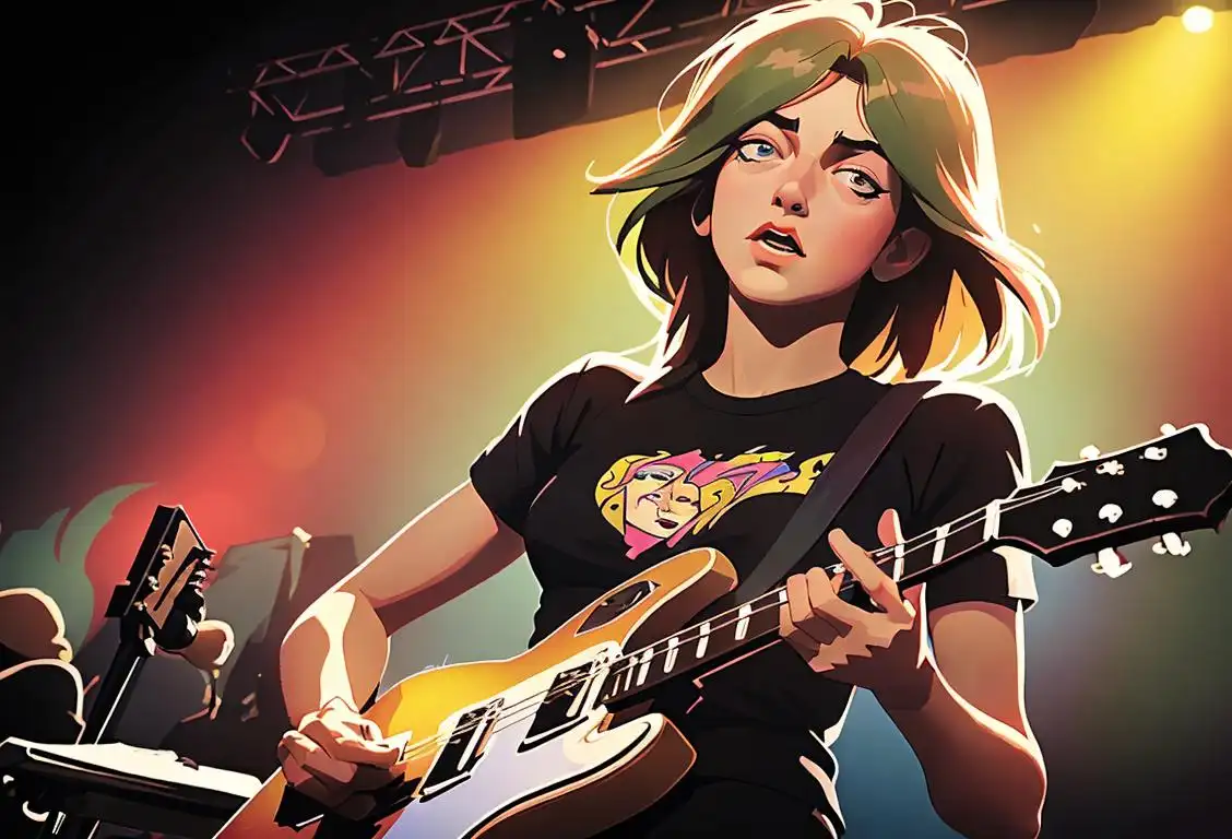 Young woman playing air guitar, wearing a vintage Led Zeppelin t-shirt, rocking out in a concert crowd..