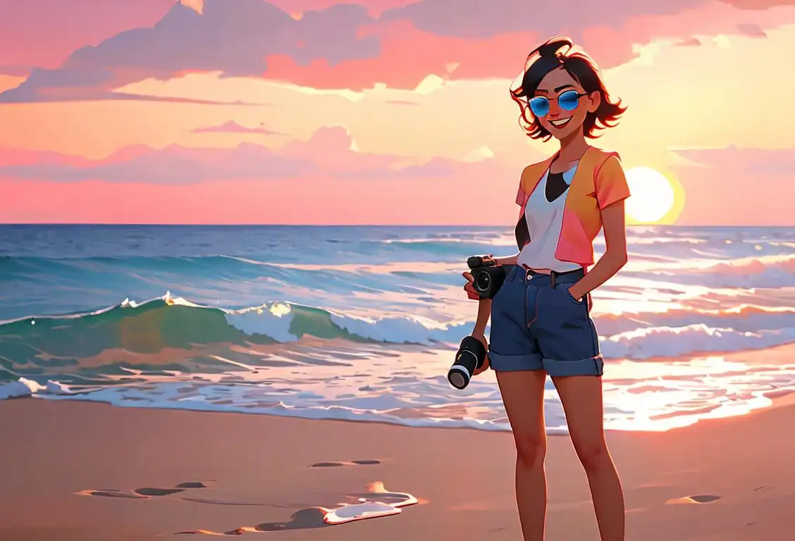 A smiling person standing on a beach, wearing sunglasses and holding a camera, enjoying the vibrant colors of a sunset..