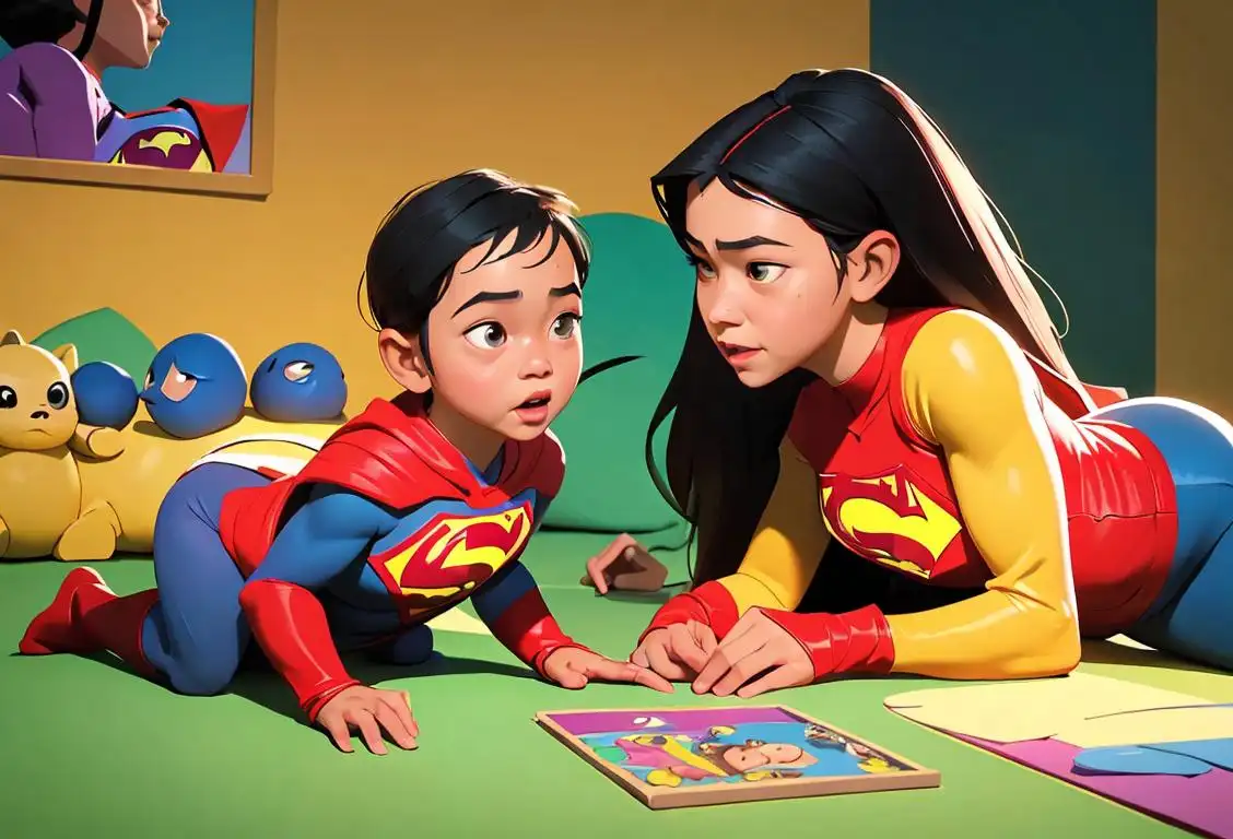Young child playing with their parents, wearing matching superhero costumes, in a colorful, imaginative setting..